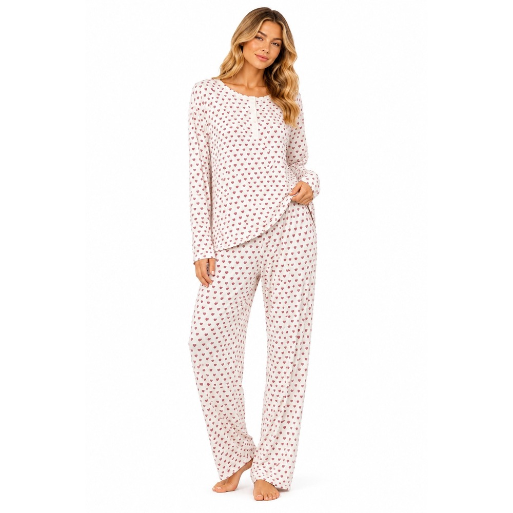 Roller Rabbit Pajama Set Women XL White Pink Heart Print Pima Cotton Henley PJ